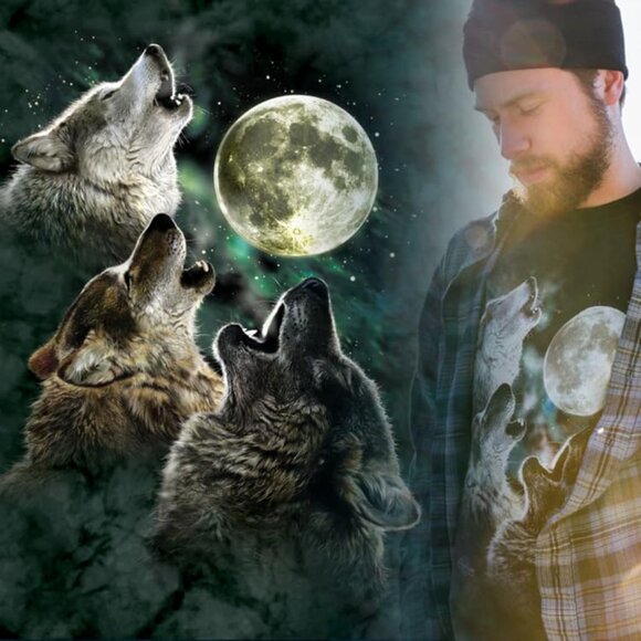 Wolf Pack Hunt Black Wolves Three Wolf Moon Dark Epic T-Shirt Mountain S-3X - Picture 3 of 6
